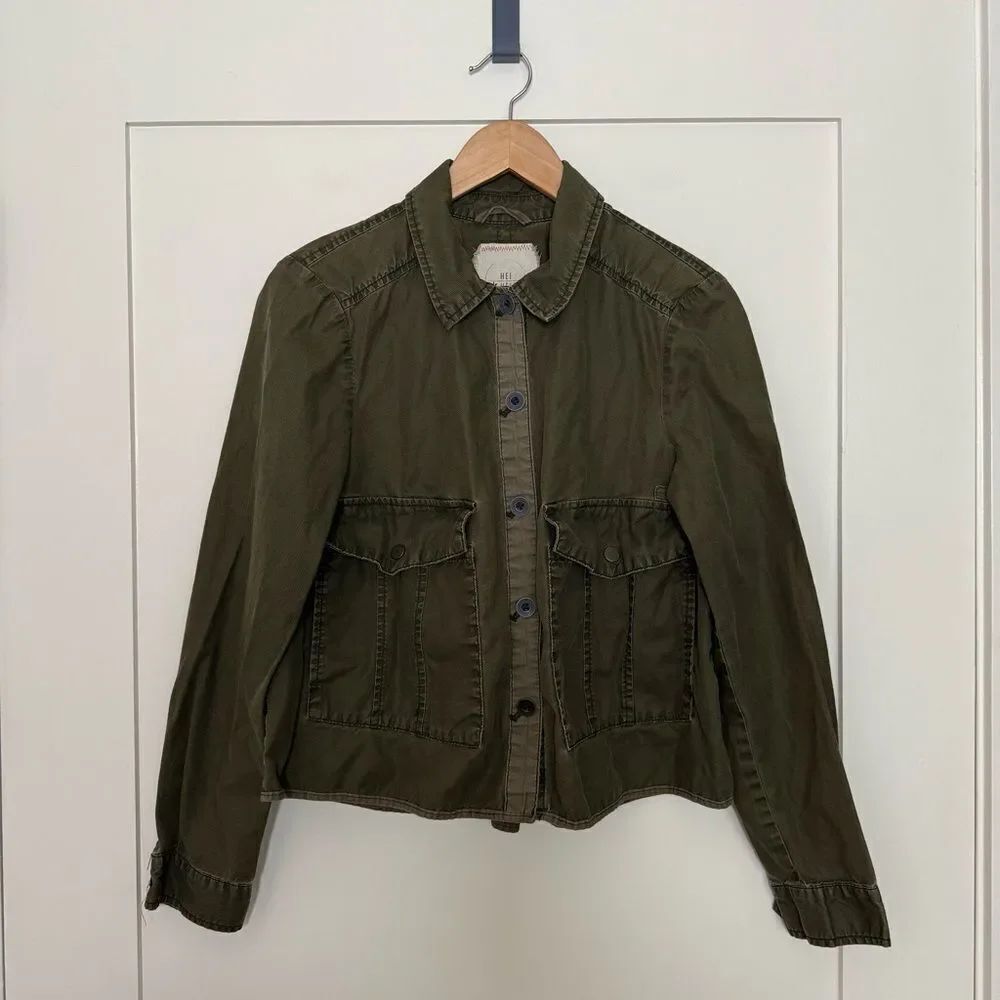 Anthropologie Hei Hei Crop Jacket Womens Sz S Army Green Button Up Lightweight